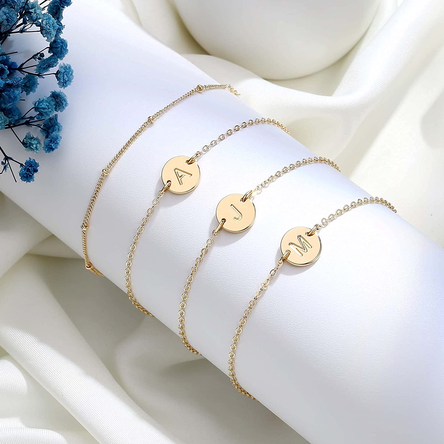 MONOZO Gold Initial Bracelets for Women Girls, Dainty 14K Gold Filled Layered Beaded Letter Initial Bracelet Personalized 26 Alphabet Disc Monogram Charm Bracelet Jewelry Gifts for Girls - Image 6